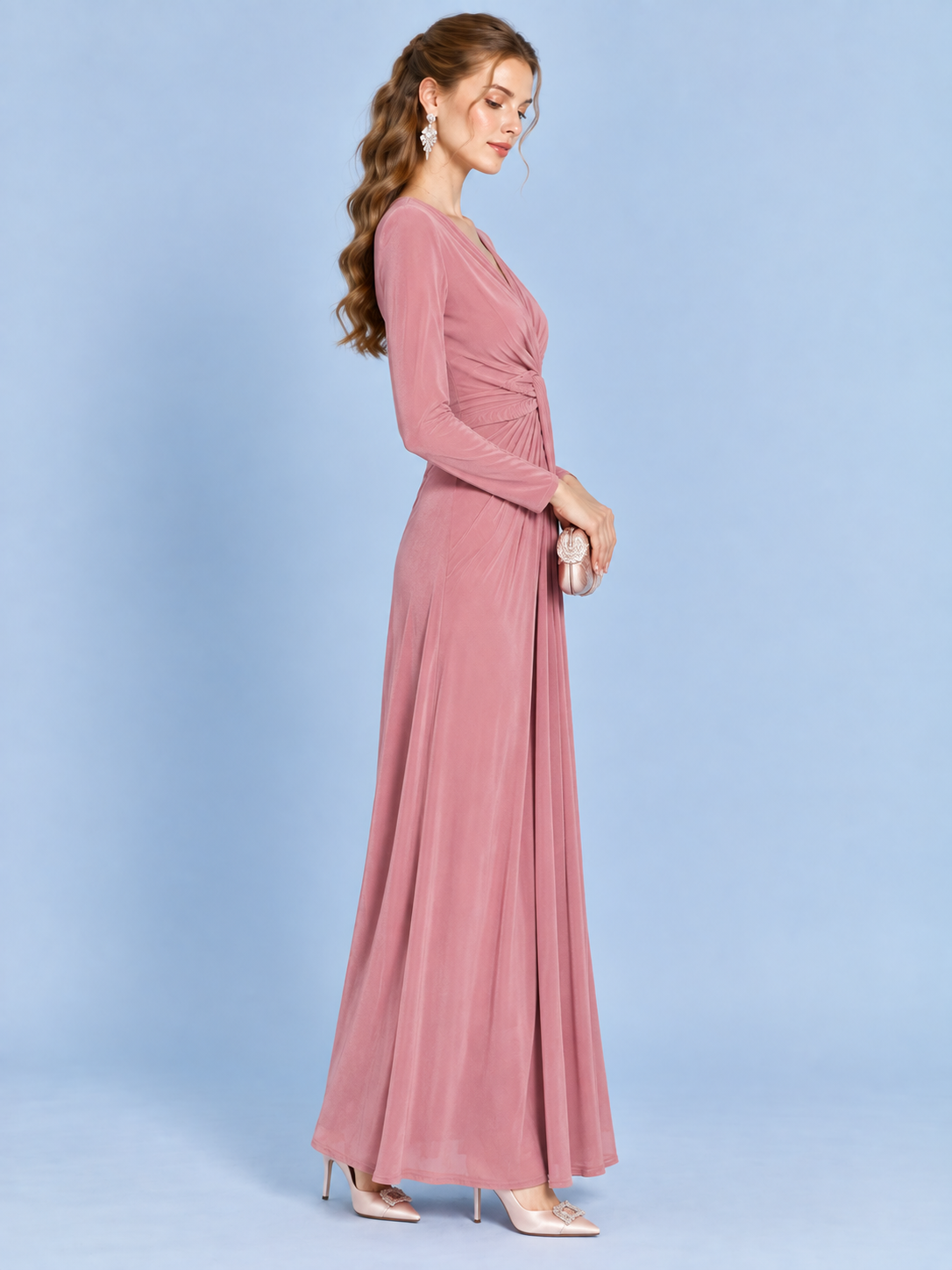 Rosé Romance V-Neck Evening Gown