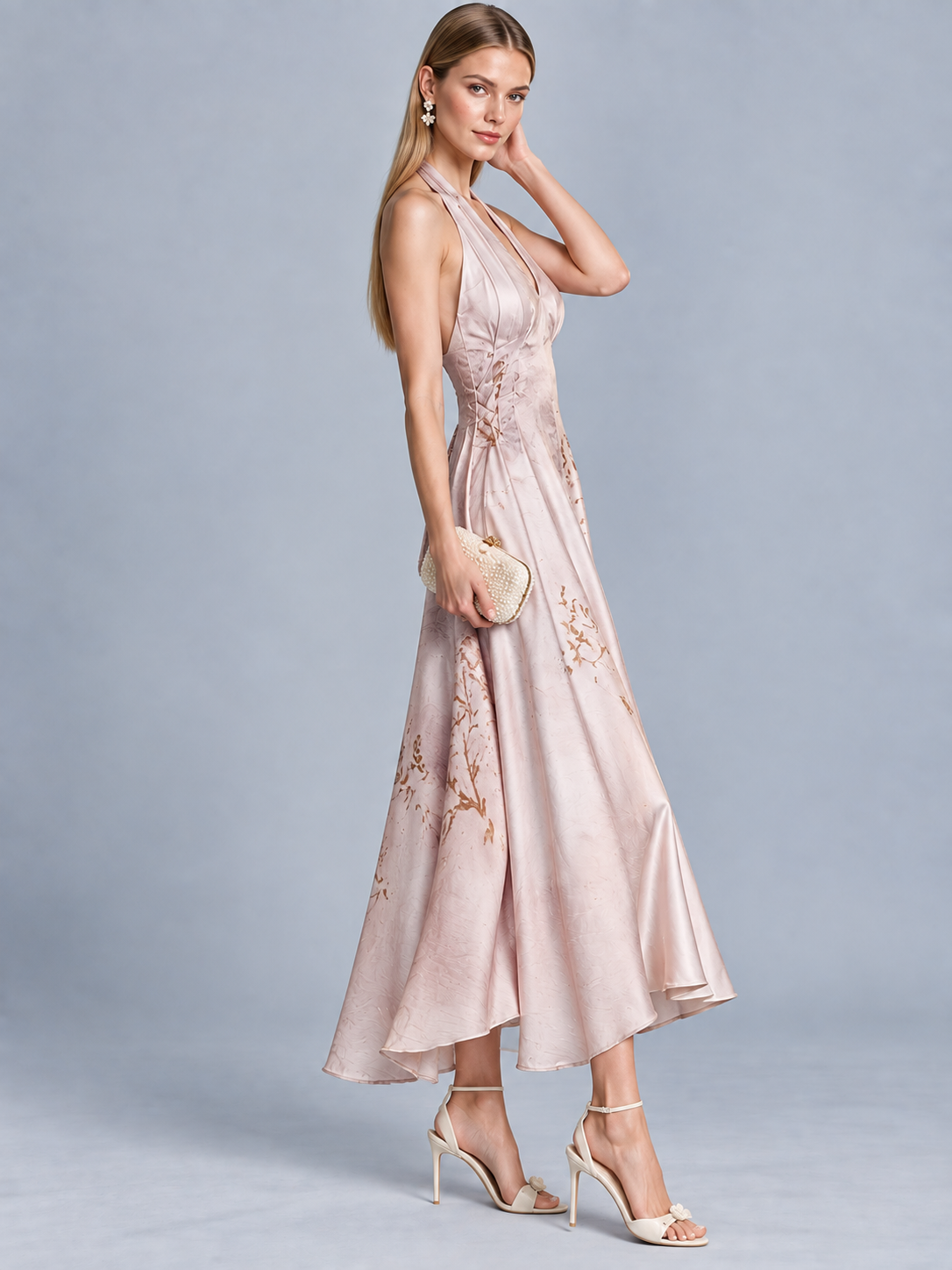 Jade Mist Halter V-Neck Gown