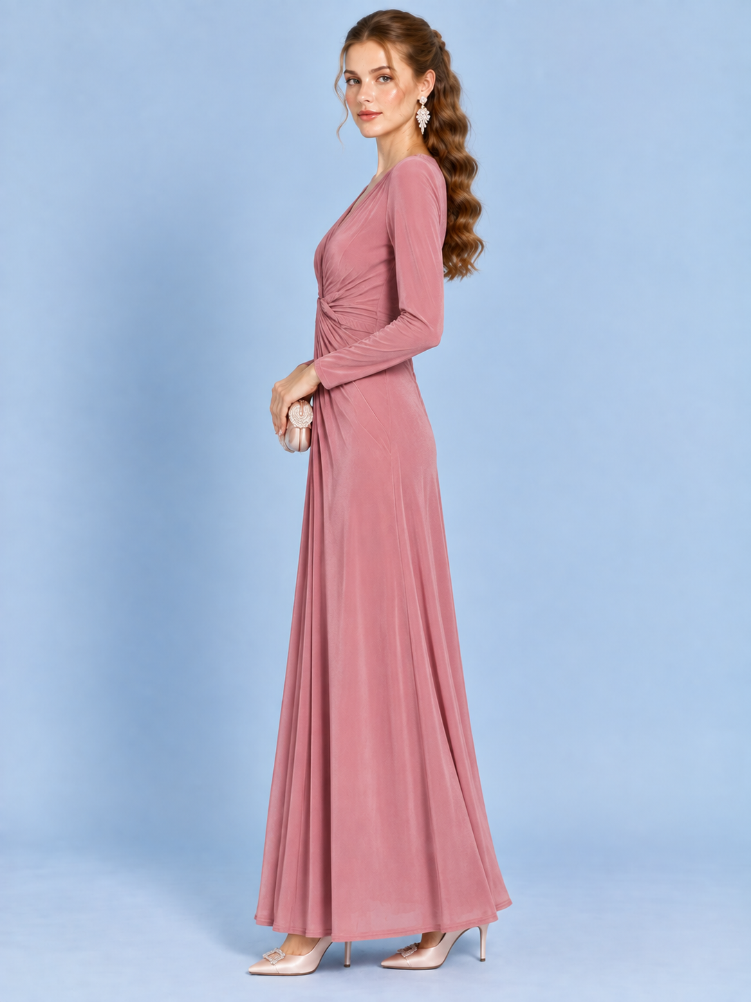 Rosé Romance V-Neck Evening Gown