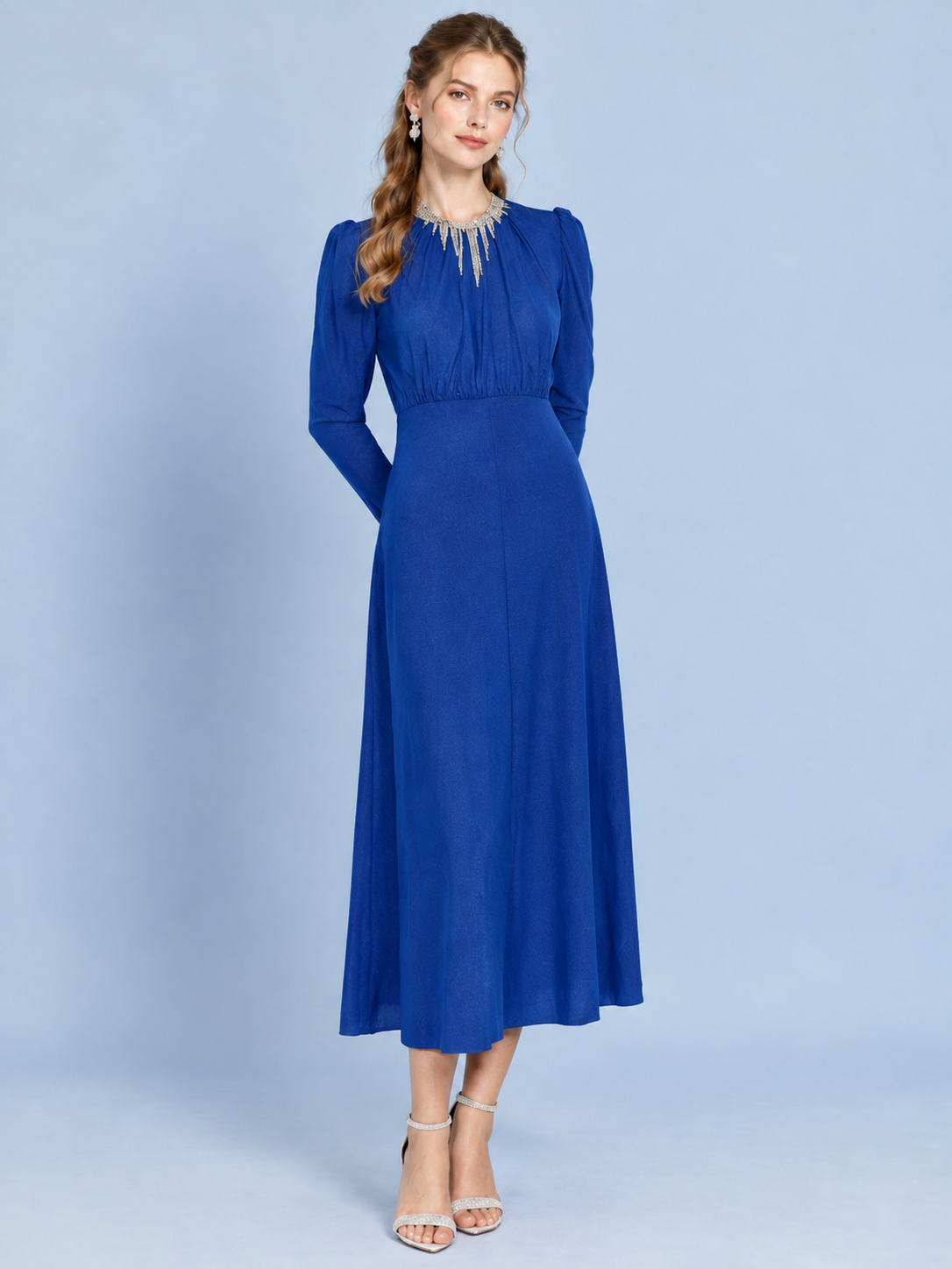 Azure Shimmer Knit Evening Dress