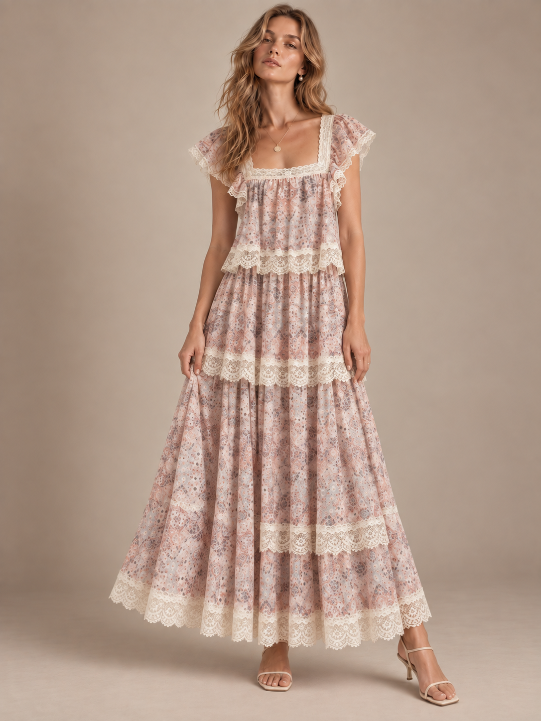 Rosette Puff Sleeve Lace Dress