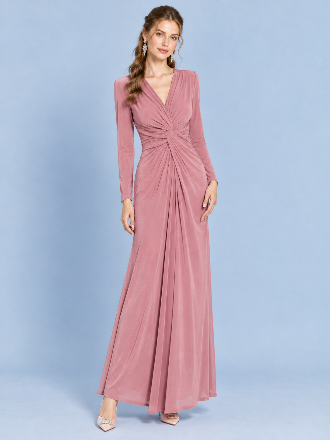 Rosé Romance V-Neck Evening Gown