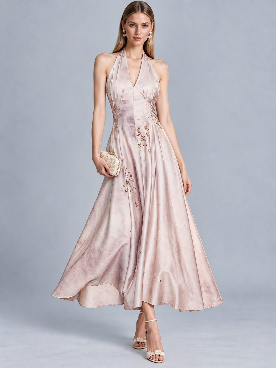 Jade Mist Halter V-Neck Gown
