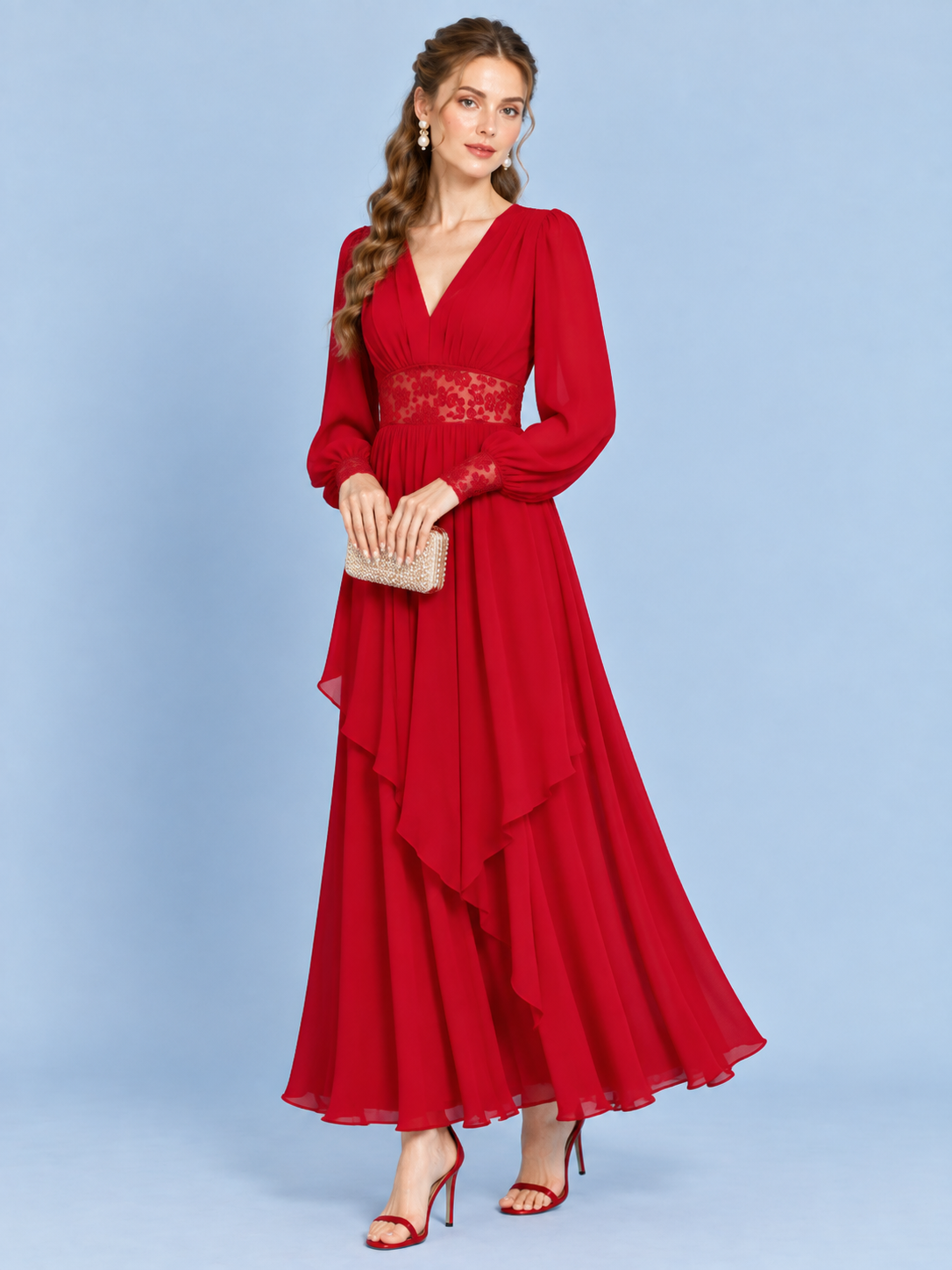 Scarlet Élan Lace Evening Gown