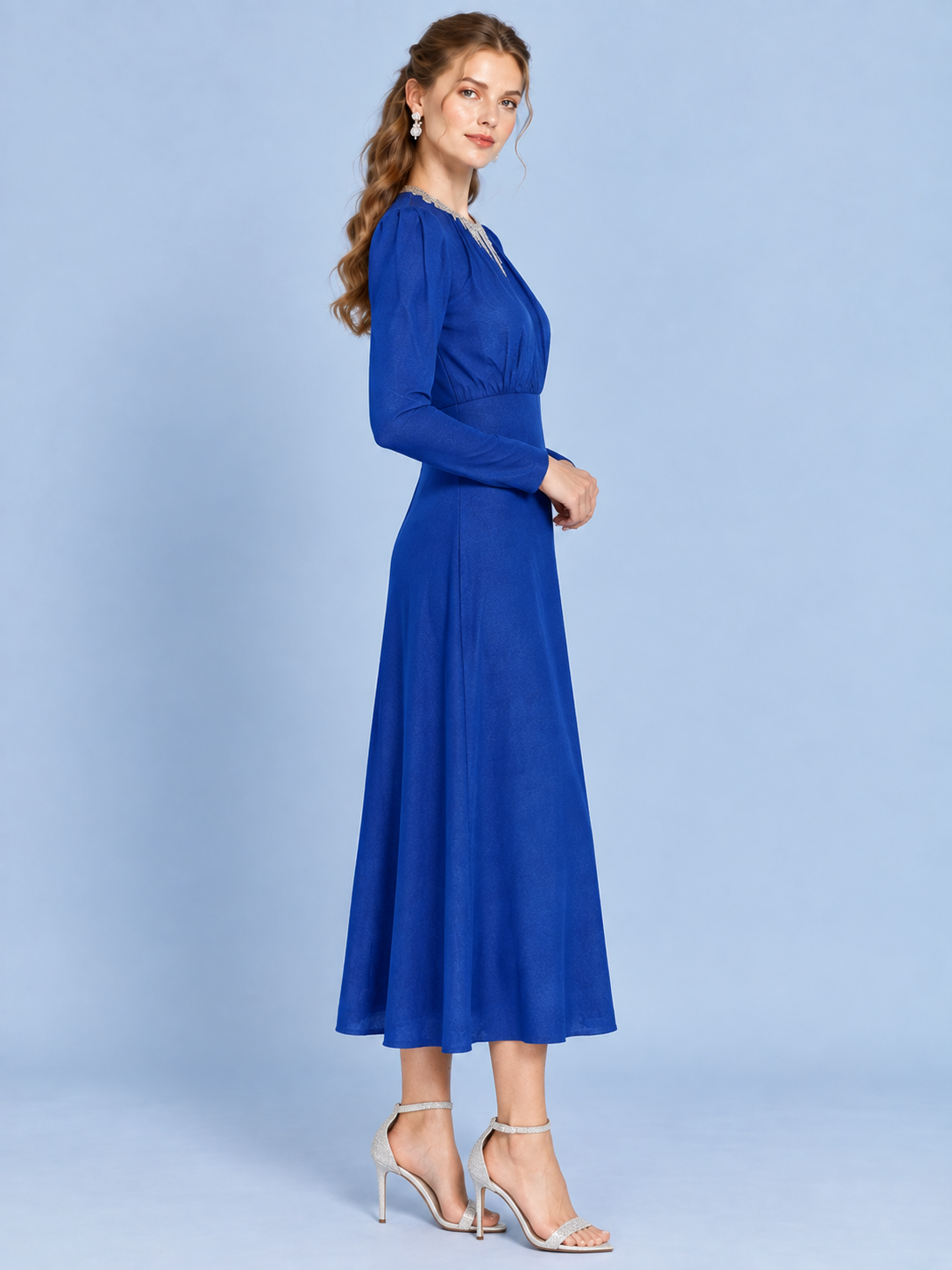Azure Shimmer Knit Evening Dress