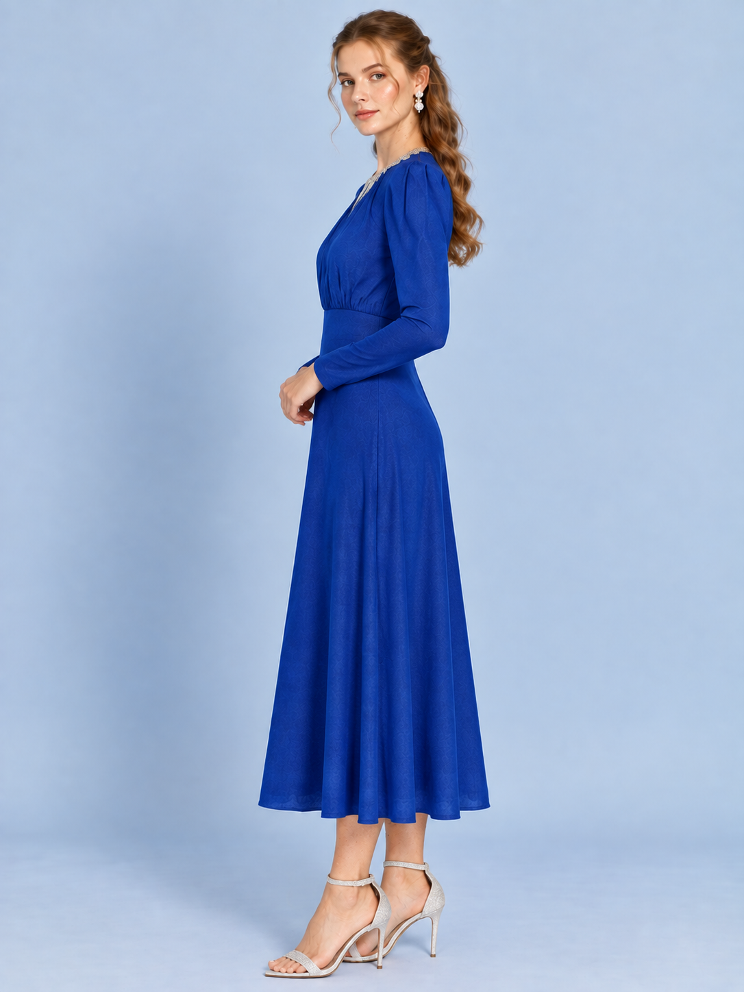Azure Shimmer Knit Evening Dress