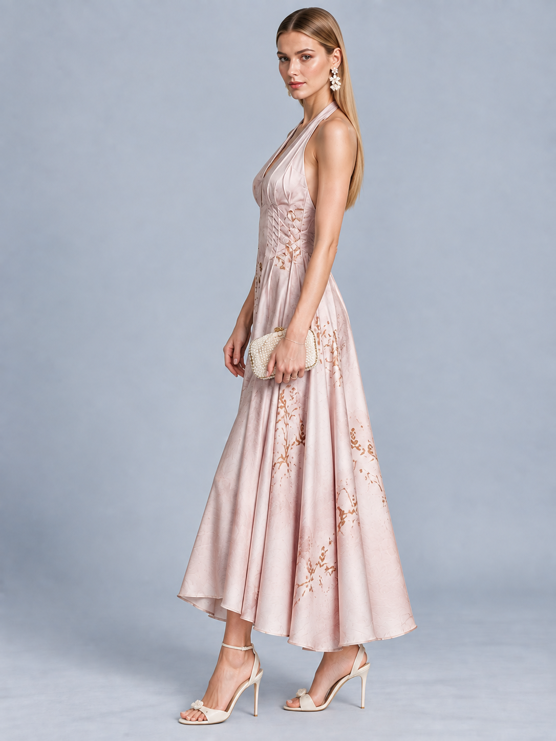 Jade Mist Halter V-Neck Gown